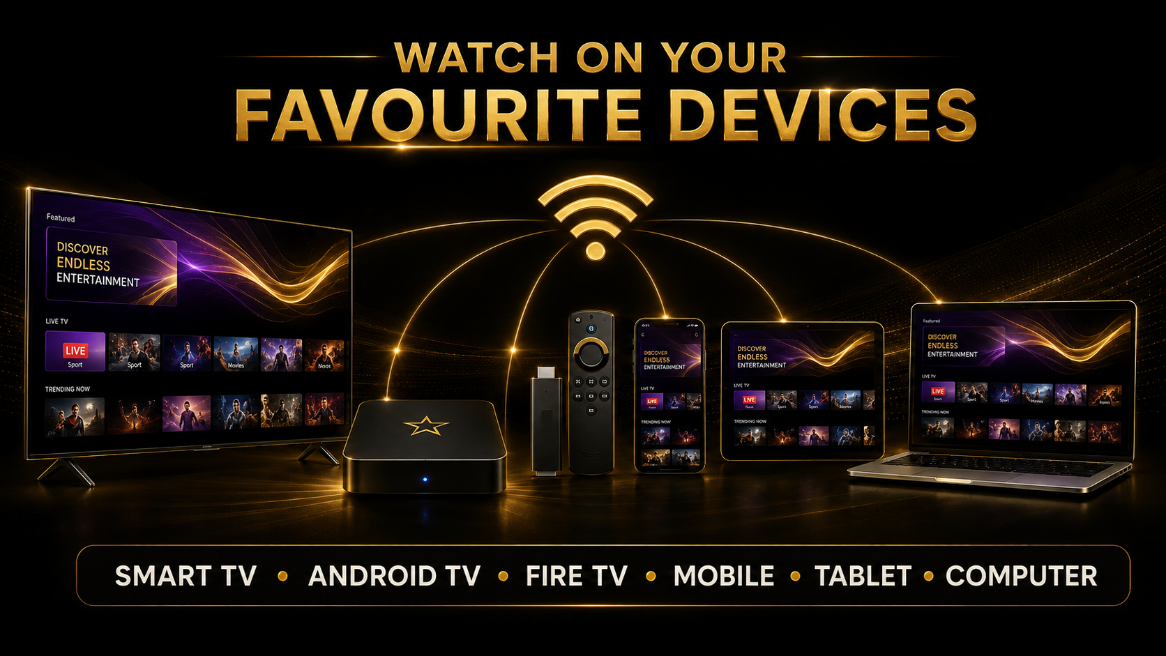 StarShare IPTV compatible devices including Smart TV, Android TV, Fire TV, mobile, tablet and computer